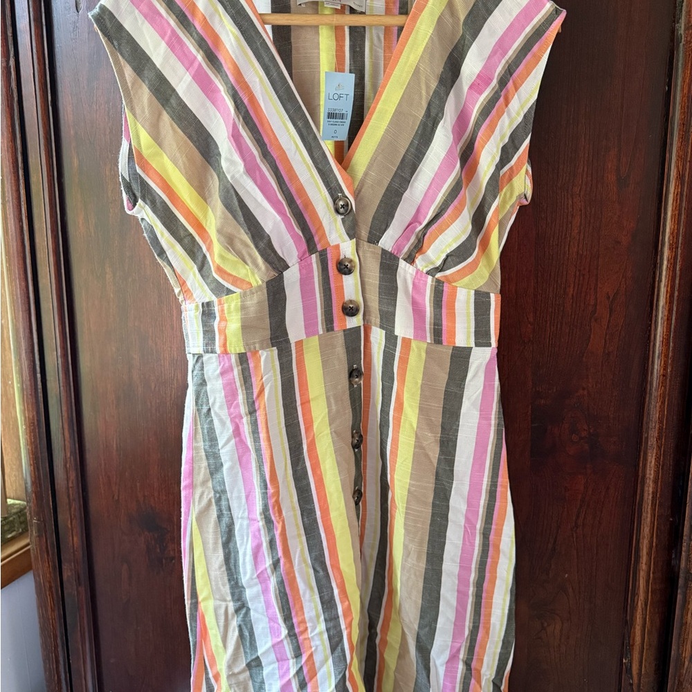 LOFT Striped V-Neck Button Front Summer Dress in Multi-Color